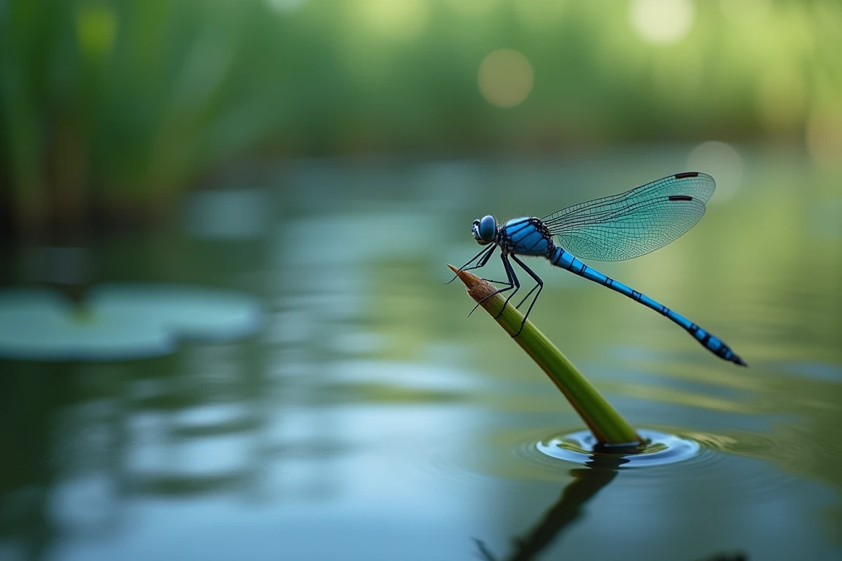 Libellule bleue posée sur un roseau au bord d'un étang paisible, symbolisant l'énergie des chakras et les vibrations spirituelles