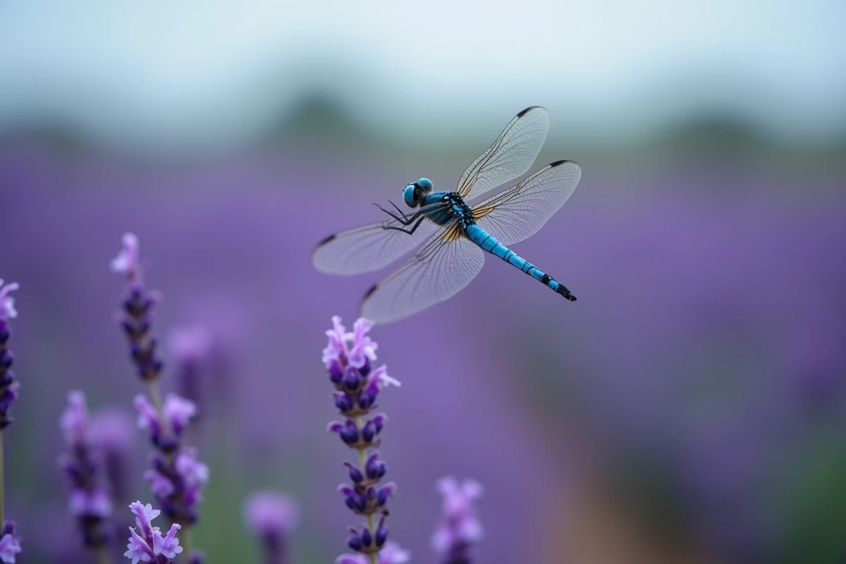 Libellule bleue en vol au-dessus d'un champ de lavande, illustrant les vibrations énergétiques et la symbolique spirituelle de l'insecte