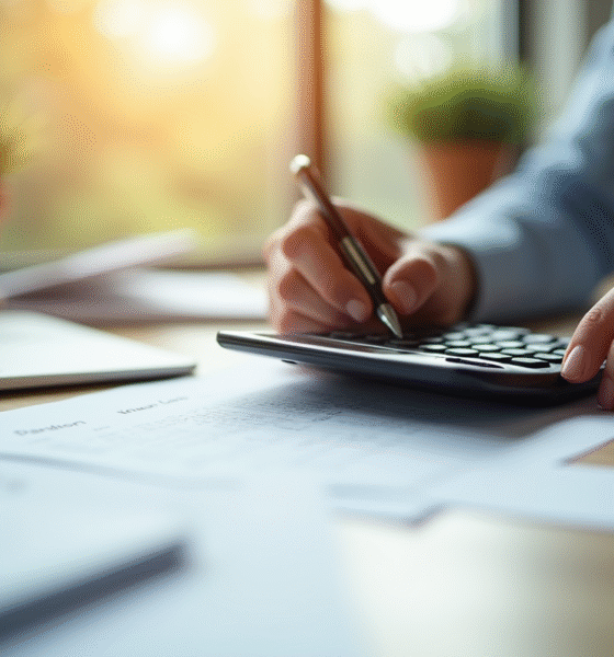 Main utilisant une calculatrice et écrivant sur une fiche de paie