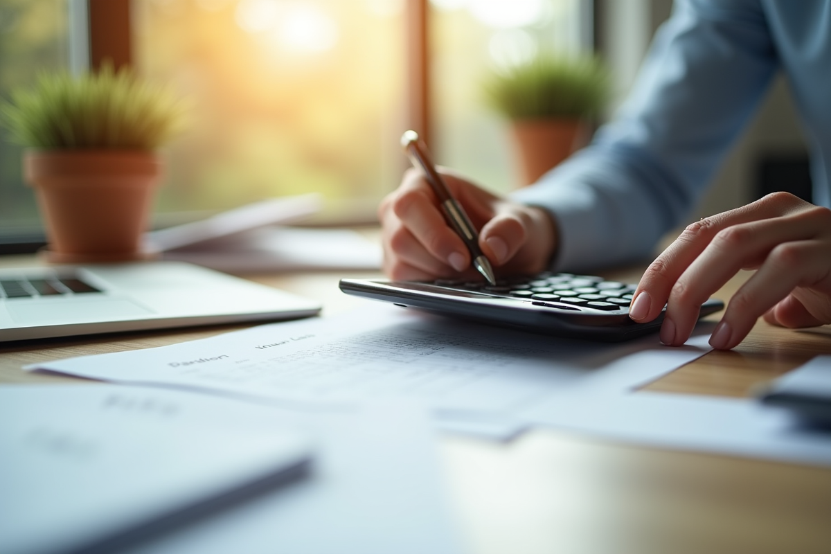 Main utilisant une calculatrice et écrivant sur une fiche de paie