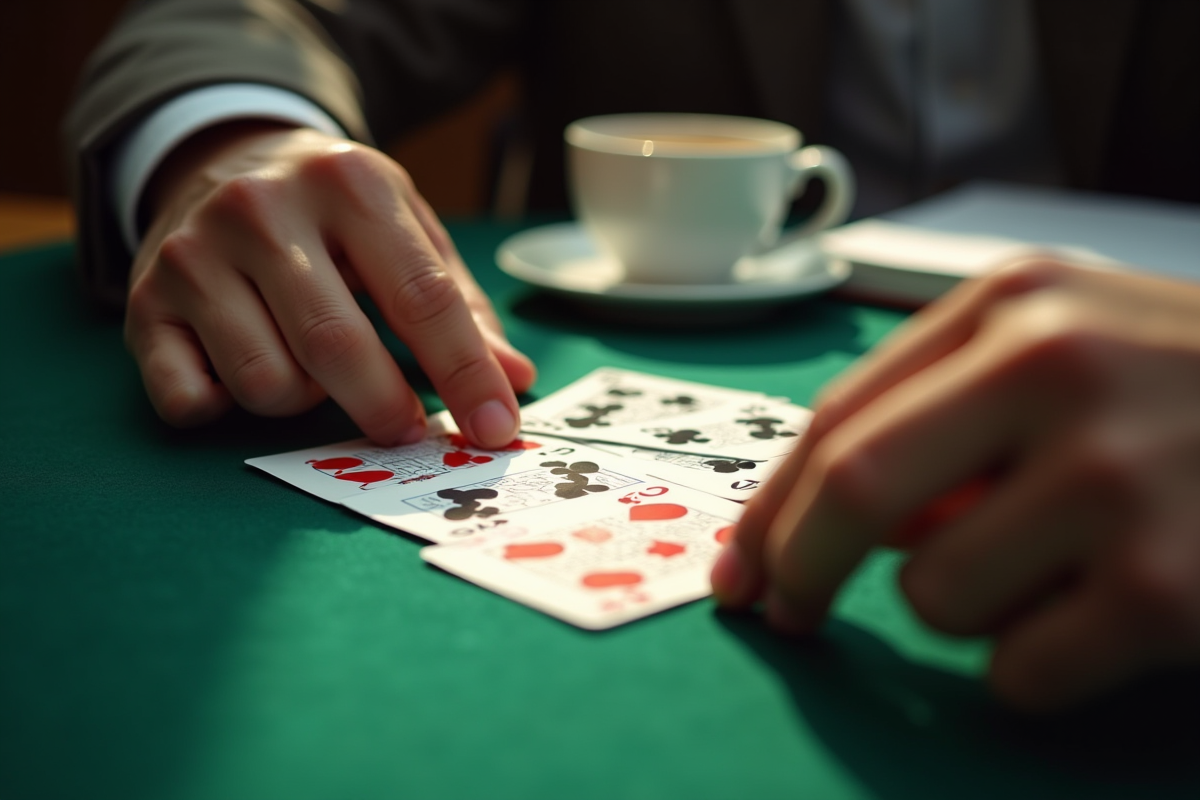 Mains organisant des cartes de rummy sur une table verte