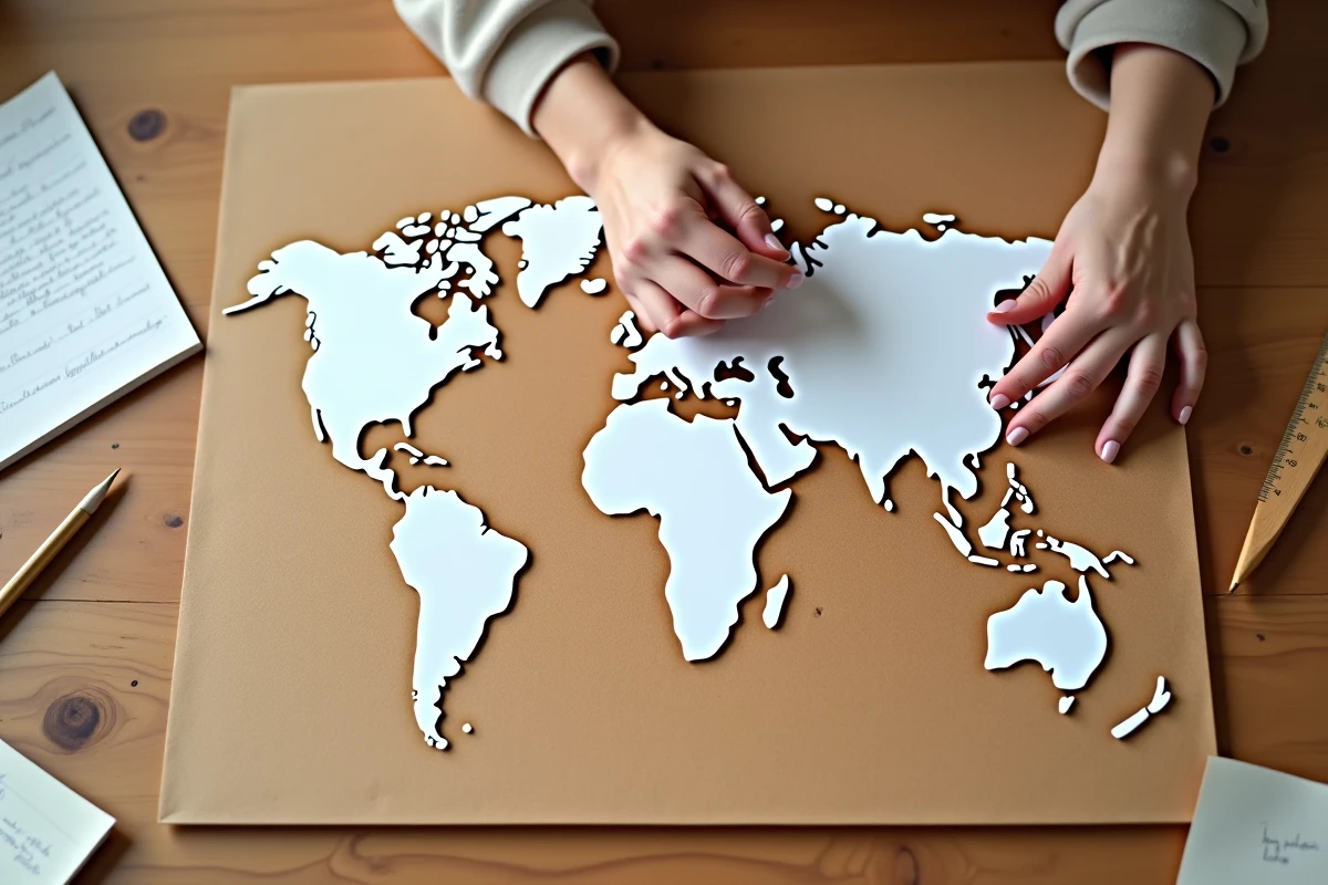 Mains arrangeant des découpages de pays à l'échelle réelle sur un tableau pour comparer leur superficie