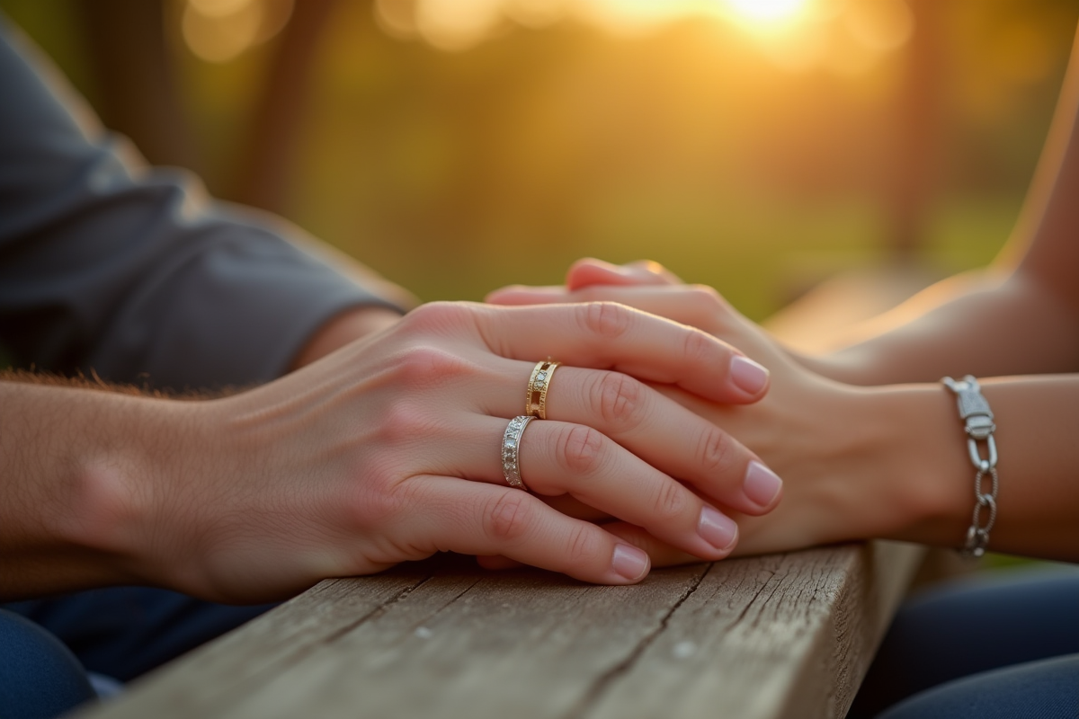 Mains entrelacees avec anneaux de mariage sur banc en plein air