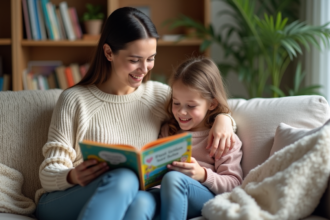 Maman et fille lisant un livre dans un salon chaleureux