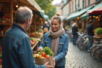Jeune femme souriante échangeant des légumes au marché urbain