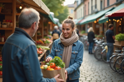 Jeune femme souriante échangeant des légumes au marché urbain