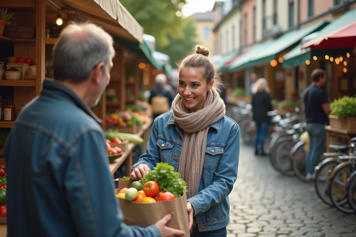 Jeune femme souriante échangeant des légumes au marché urbain