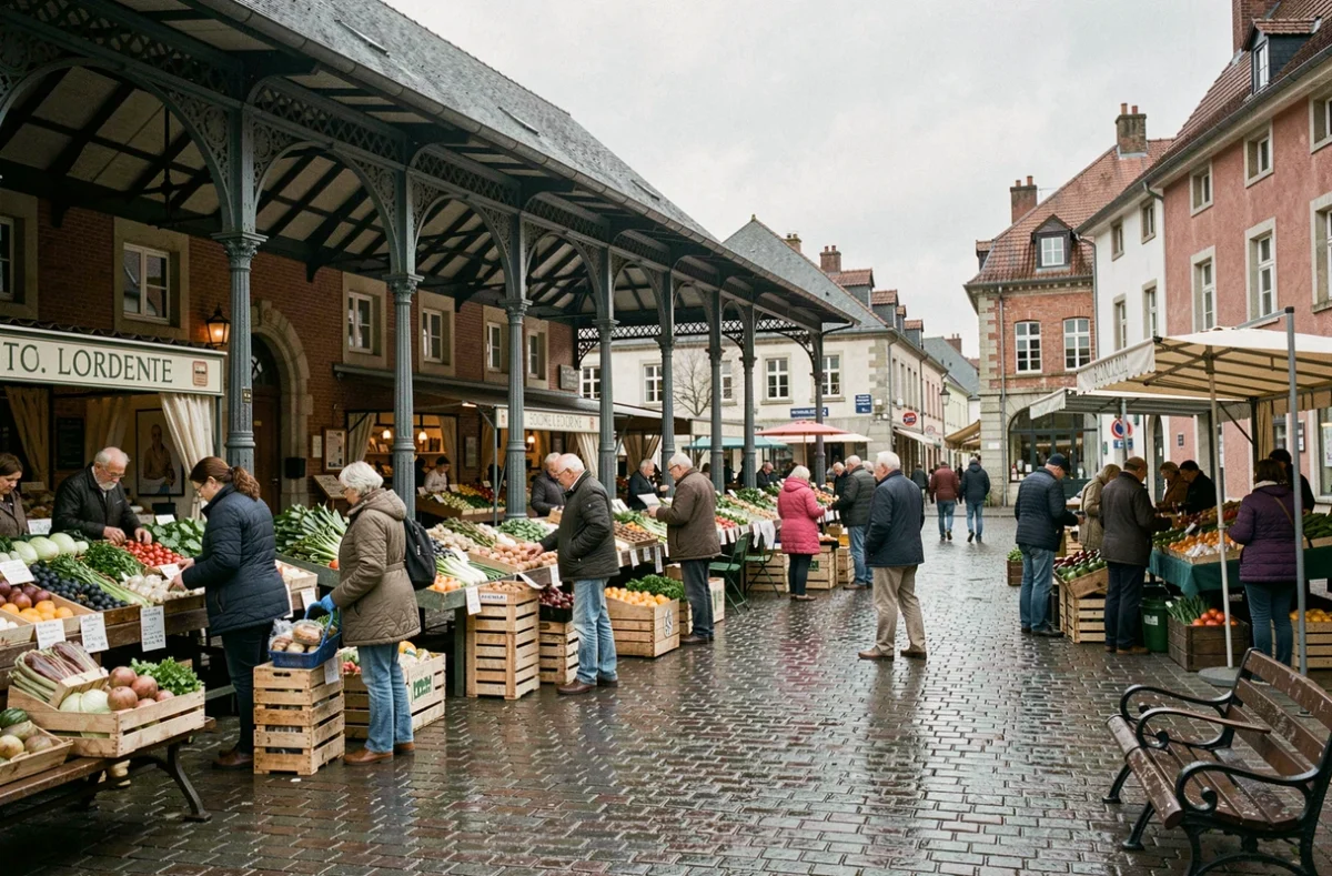 Marché local sur une place de ville en Moselle, ambiance de vie quotidienne à Sarralbe ou Sarreguemines