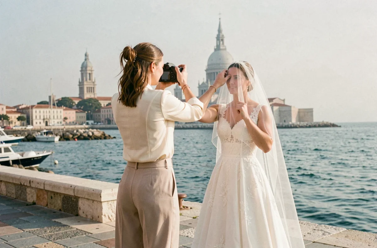 Marine, photographe de mariage, photographiant une mariée au Vieux-Port de Marseille avec Notre-Dame de la Garde en arrière-plan