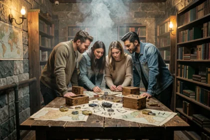 Groupe d'adultes en pleine session d'escape game dans une salle thématique avec énigmes et cadenas en Haute-Garonne
