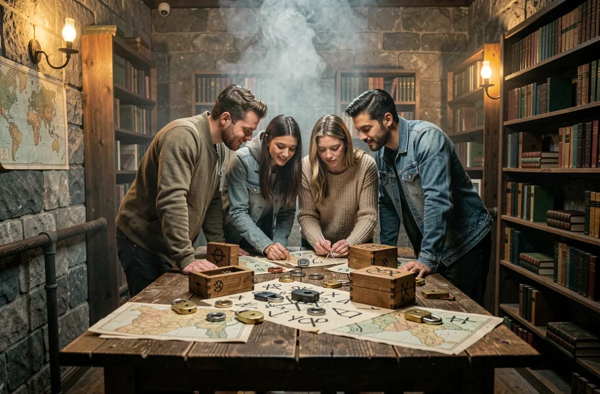 Groupe d'adultes en pleine session d'escape game dans une salle thématique avec énigmes et cadenas en Haute-Garonne