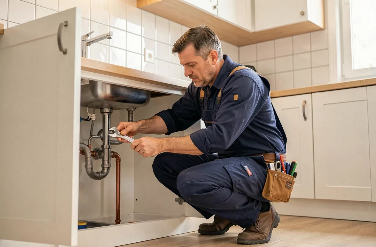 Plombier professionnel en train d'intervenir sous un évier dans un appartement moderne en Auvergne-Rhône-Alpes