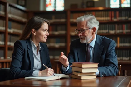 Un homme d'âge mûr en costume et une jeune femme en casual dans une bibliothèque