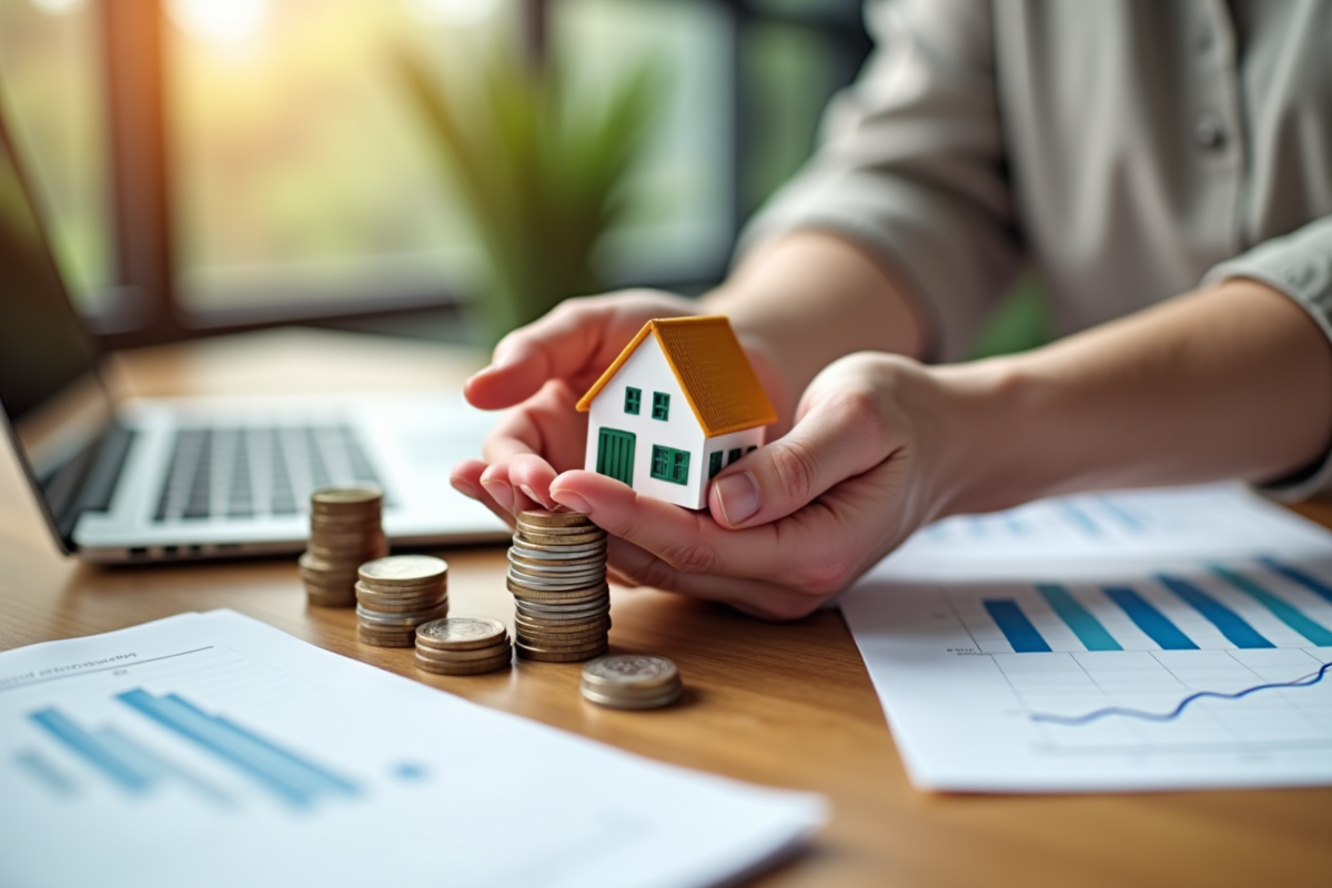 Mains tenant une petite maison en modèle et des euros sur une table