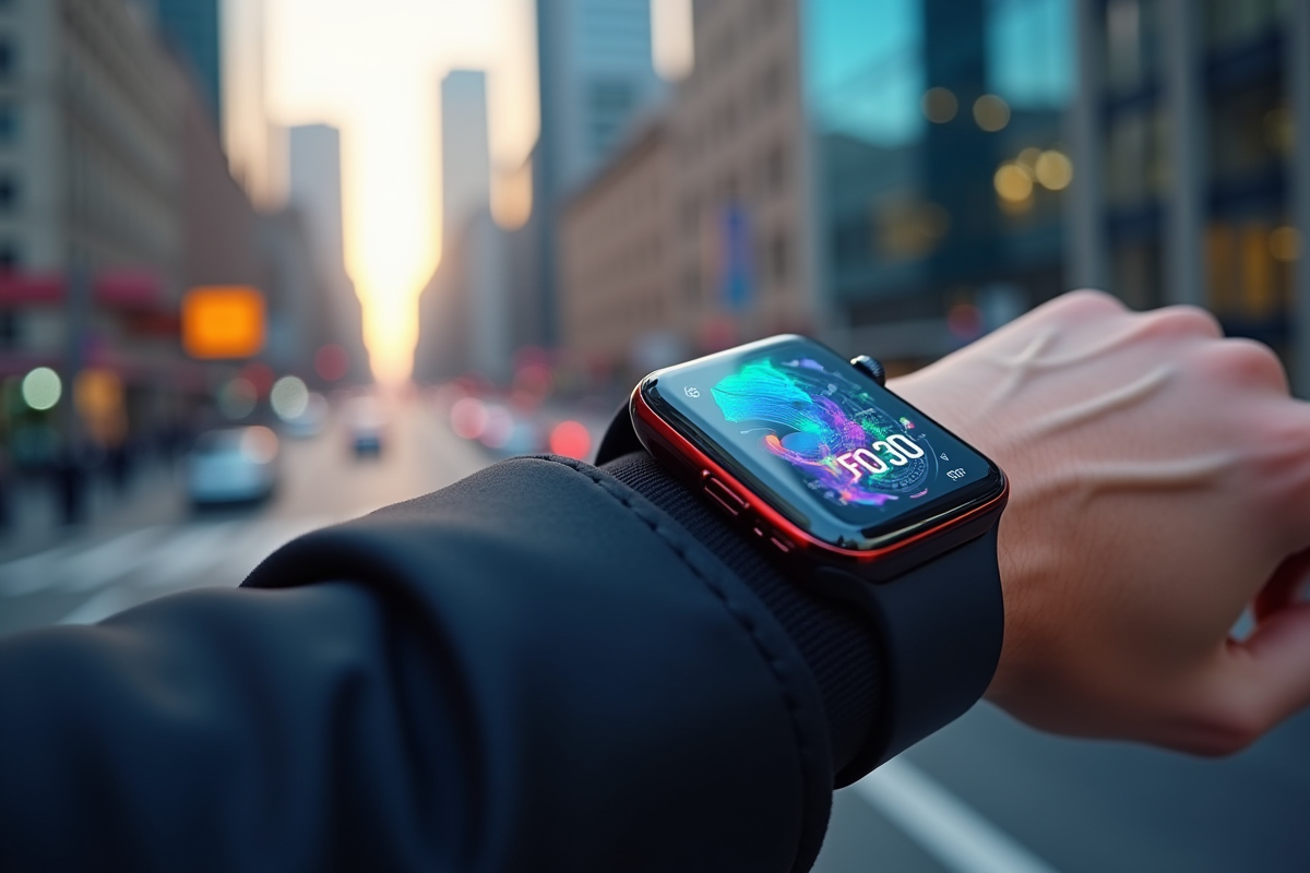 Montre connectée affichant une interface 3D colorée en extérieur