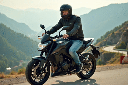 Jeune homme sur moto sportive au sommet de la montagne