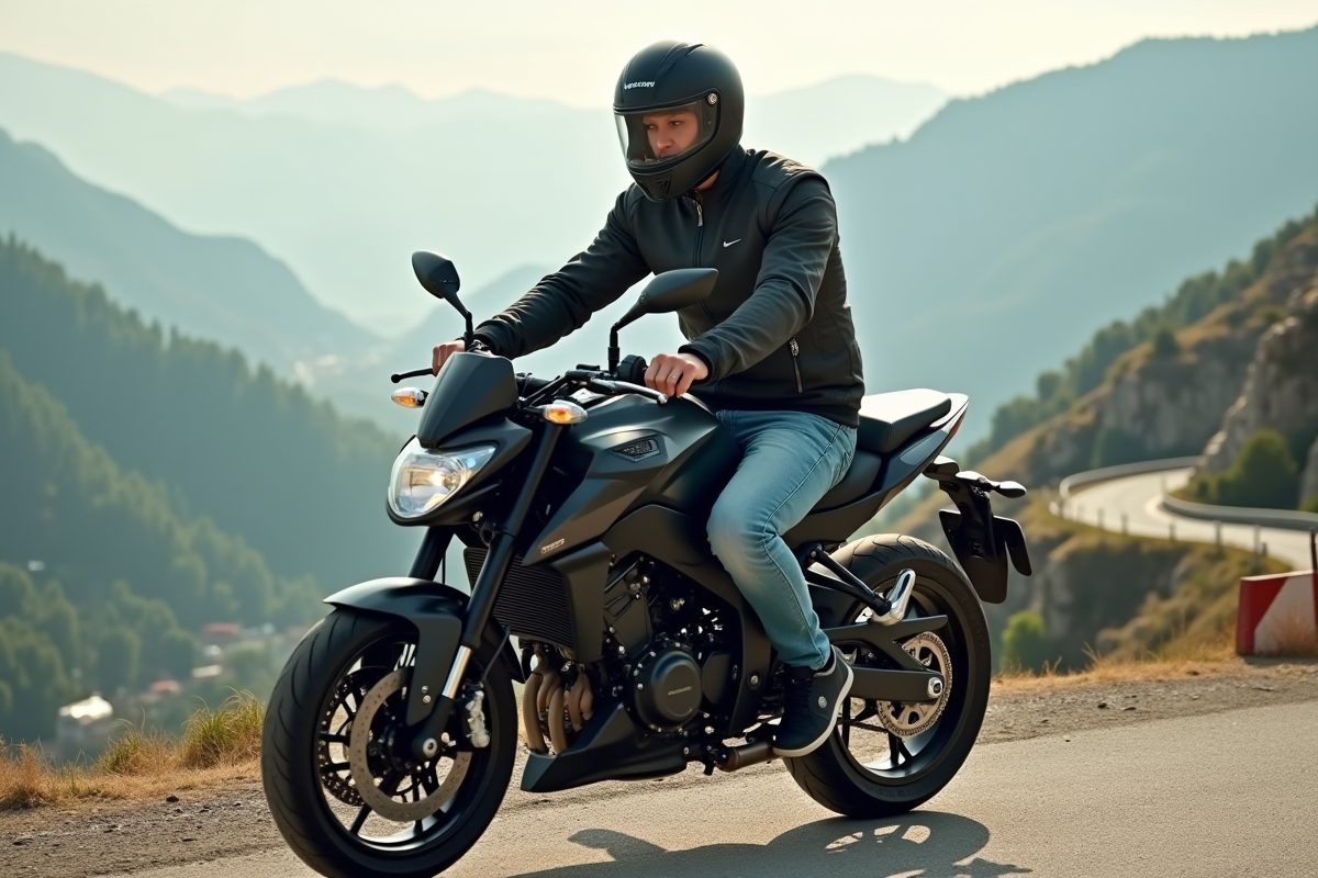 Jeune homme sur moto sportive au sommet de la montagne