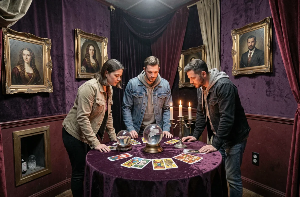 Groupe de participants explorant une salle gothique mystérieuse avec cristaux et tentures dans Mysteria Escape