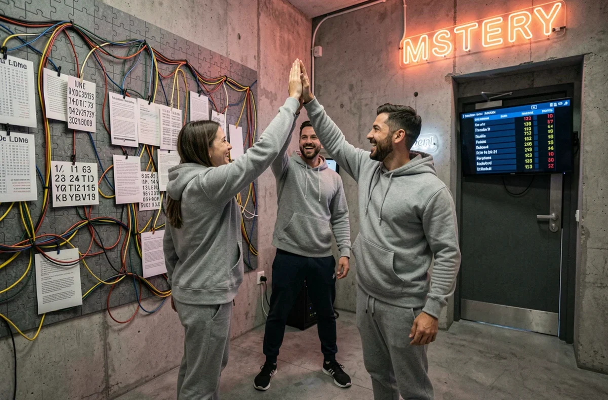Trois joueurs célébrant leur victoire devant un mur d'énigmes décodé dans la salle urbaine de Néo Break Toulouse