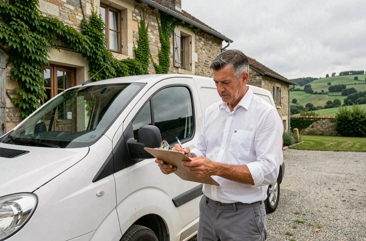 Artisan plombier Olivier Renov devant son véhicule dans la cour d'une maison rurale en Auvergne-Rhône-Alpes