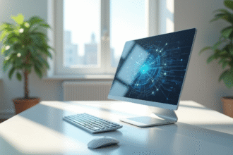 Ordinateur futuriste avec affichage holographique dans un bureau moderne