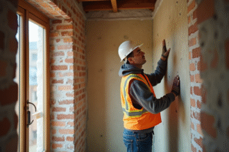 Ouvrier en veston haute-visibilite posant dans un appartement ancien