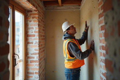 Ouvrier en veston haute-visibilite posant dans un appartement ancien