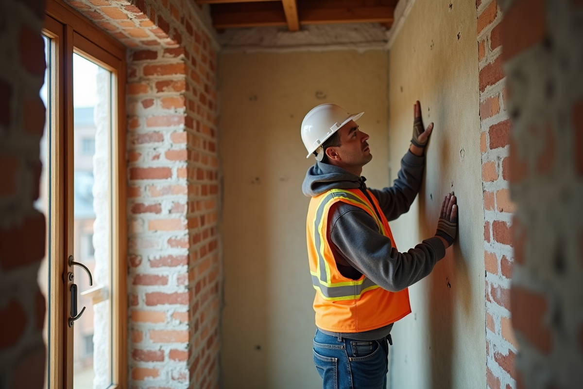 Ouvrier en veston haute-visibilite posant dans un appartement ancien