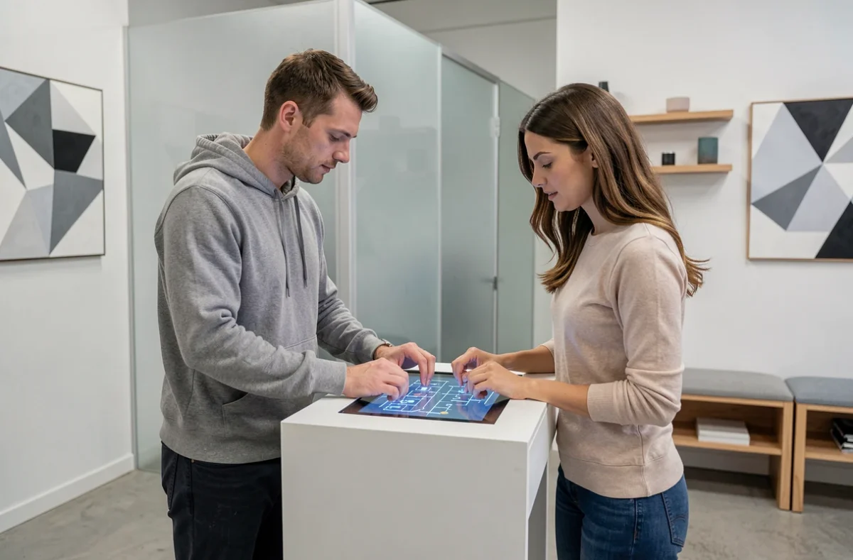 Deux joueurs manipulant une interface numérique interactive dans la salle design et moderne de Oxmoz Toulouse