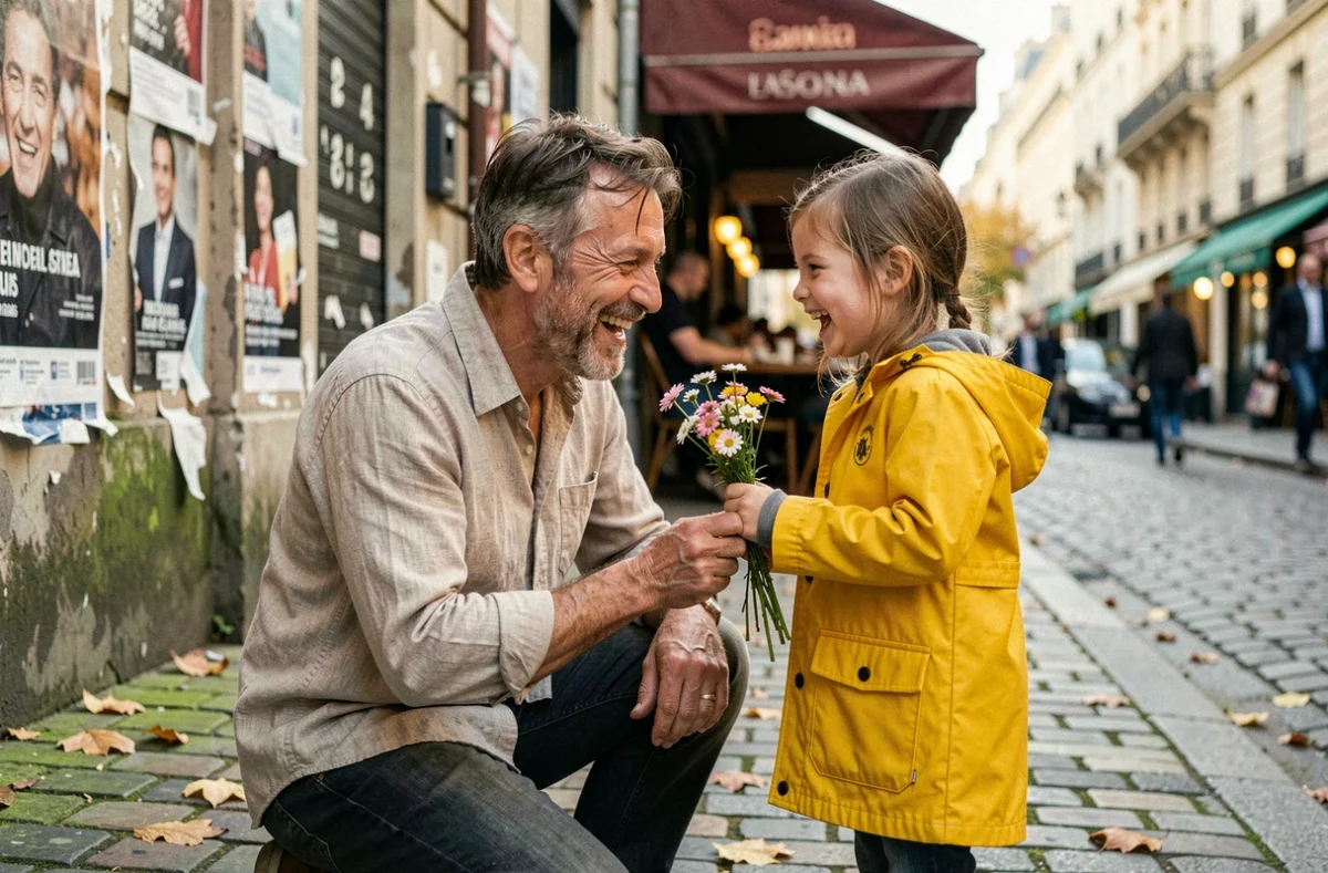 Père et jeune fille riant ensemble dans une rue pavée parisienne en automne, symbolisant le lien affectif chanté dans Lola de Renaud