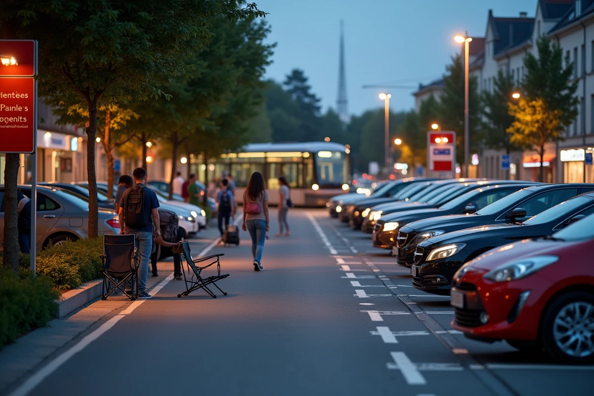 Parking relais et station de tramway de Villeneuve d'Ascq avant le feu d'artifice, avec des familles arrivant en voiture