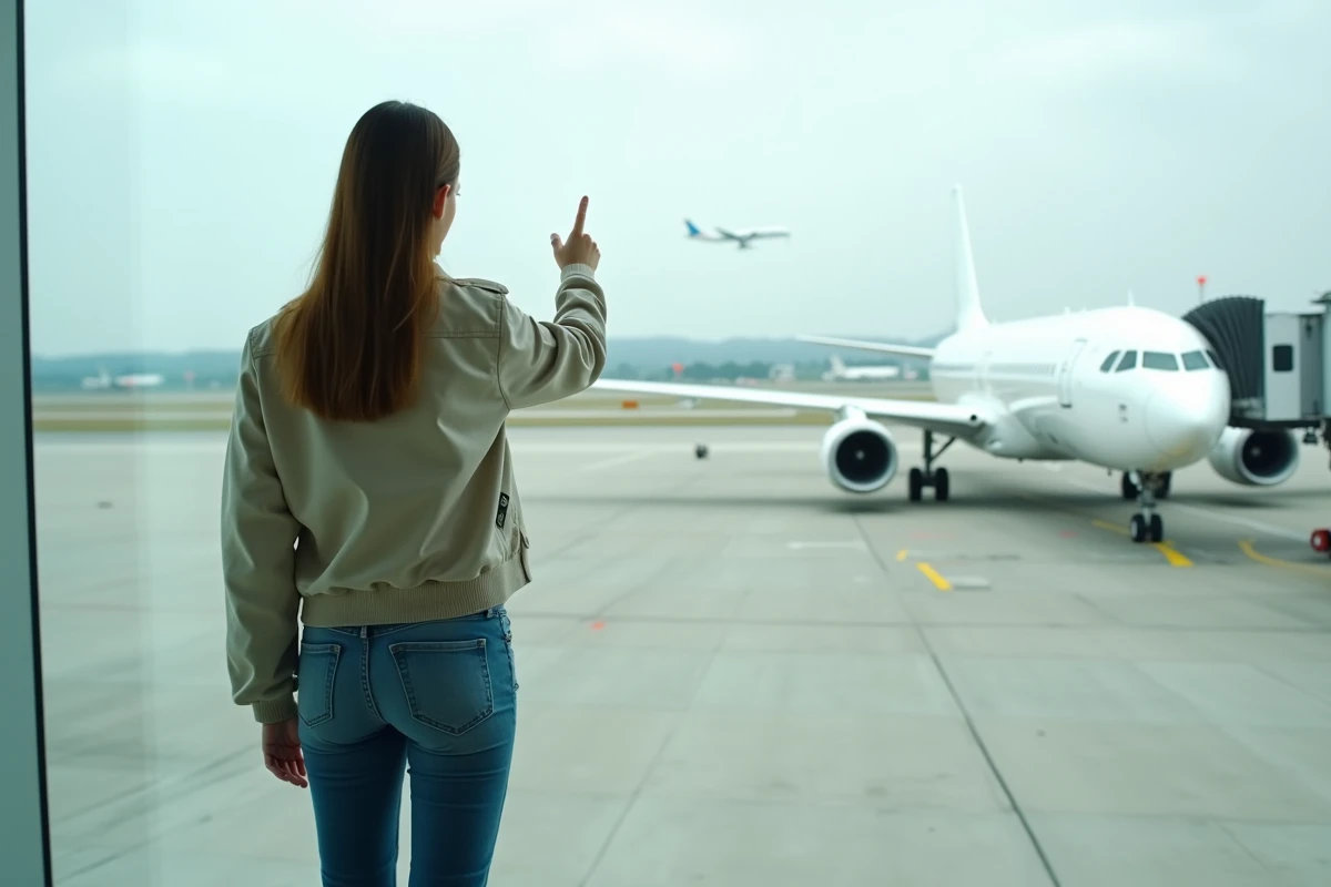 Jeune femme pointant un avion en départ sur le tarmac