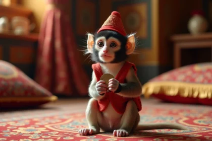 Jeune singe capucin assis sur un tapis persan richement décoré