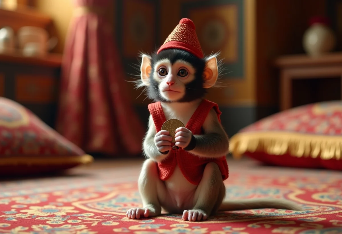 Jeune singe capucin assis sur un tapis persan richement décoré