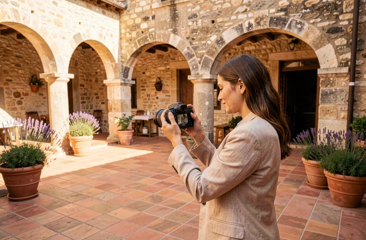 Photographe professionnelle dans une cour provençale des Bouches-du-Rhône, consultant sa caméra entourée d'architecture en pierre calcaire