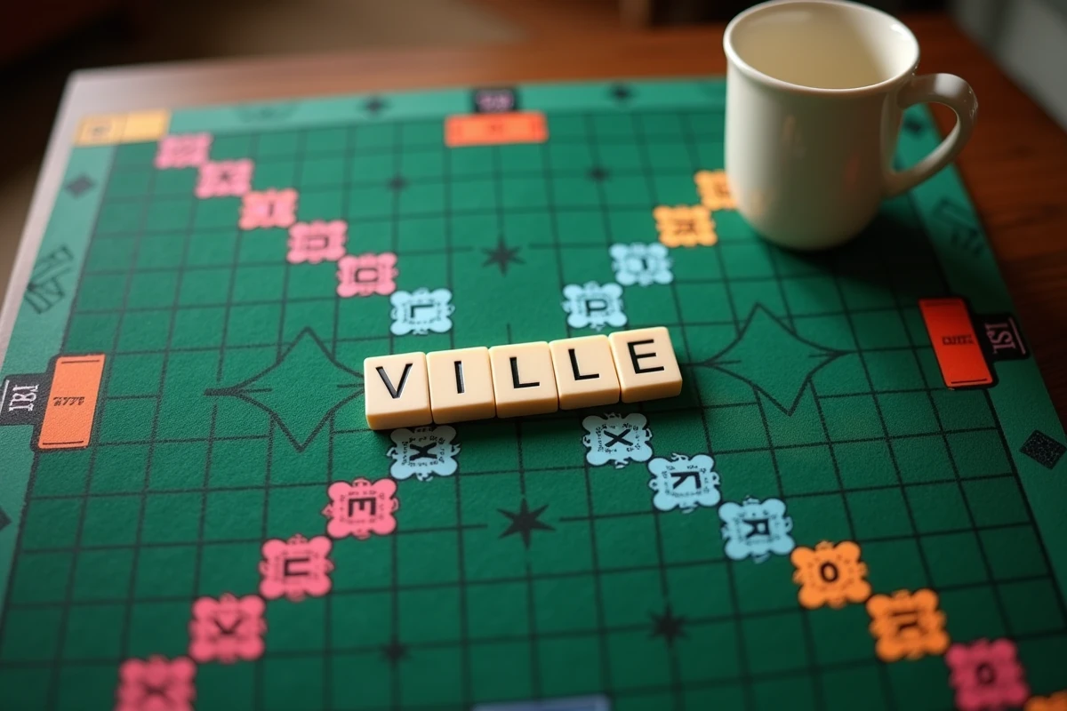 Vue aérienne d'un plateau de Scrabble en cours de partie avec le mot VILLE au centre entouré de mots croisés