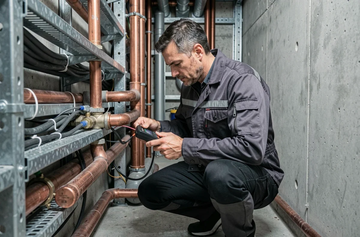 Technicien Plombelec inspectant un gaine technique mixte plomberie-électricité dans un bâtiment commercial en Auvergne-Rhône-Alpes