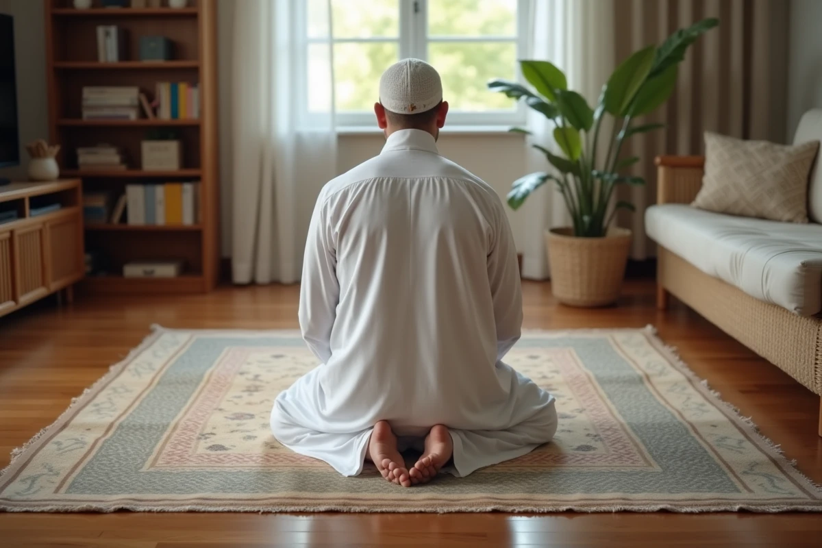 Musulman en priere witr dans un salon calme