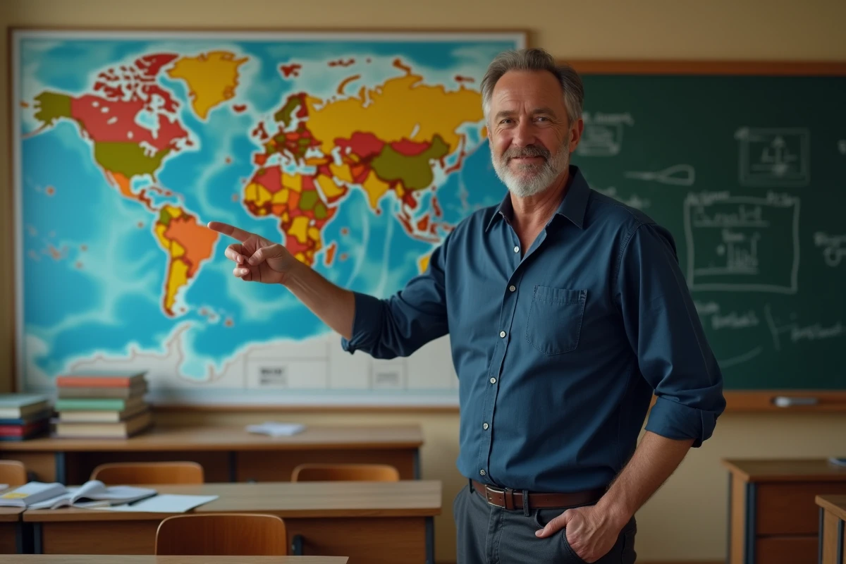 Professeur de géographie expliquant la superficie des pays sur une carte du monde dans une salle de classe