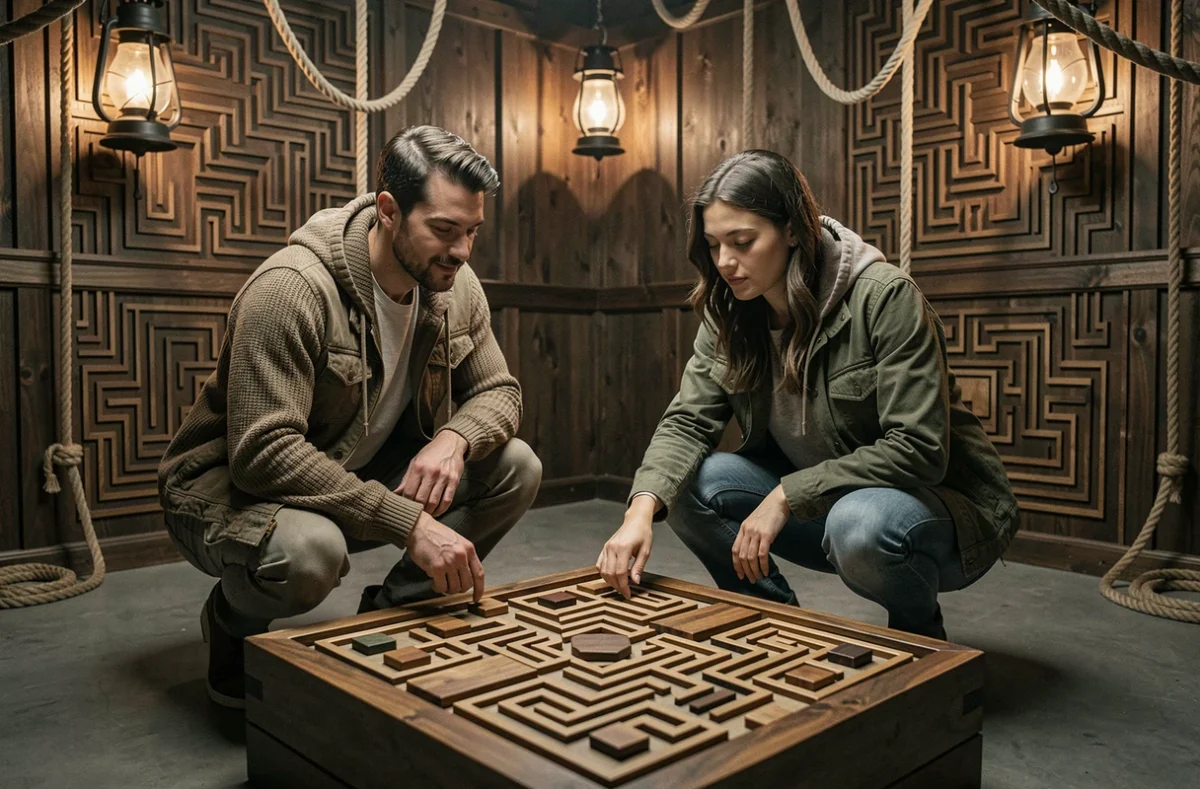 Deux participants résolvant un puzzle en labyrinthe dans la salle immersive du Projet Dédale à Toulouse