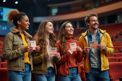 Groupe de candidats potentiels dans le public d'un studio de télévision tenant des tickets numérotés avant un jeu télévisé