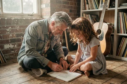 Père et fille partageant un moment complice autour de paroles de chanson dans un studio vintage, illustrant la relation père-fille dans la chanson Lola de Renaud