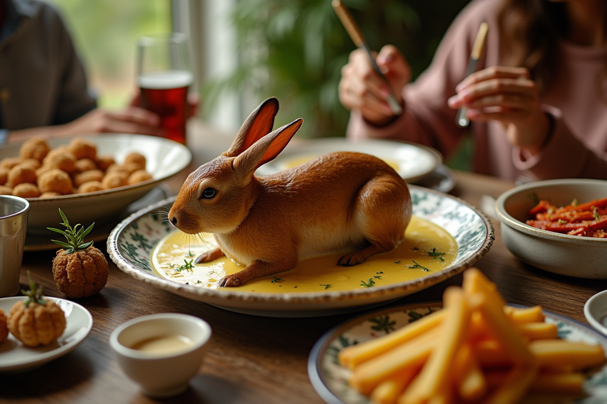 Repas familial avec plat de lapin à la moutarde en ambiance conviviale