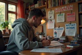 Jeune homme étudiant le casting complet des films Spider-Man à son bureau avec des notes et affiches de cinéma