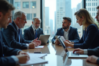 Groupe de professionnels en réunion d'affaires concentrés