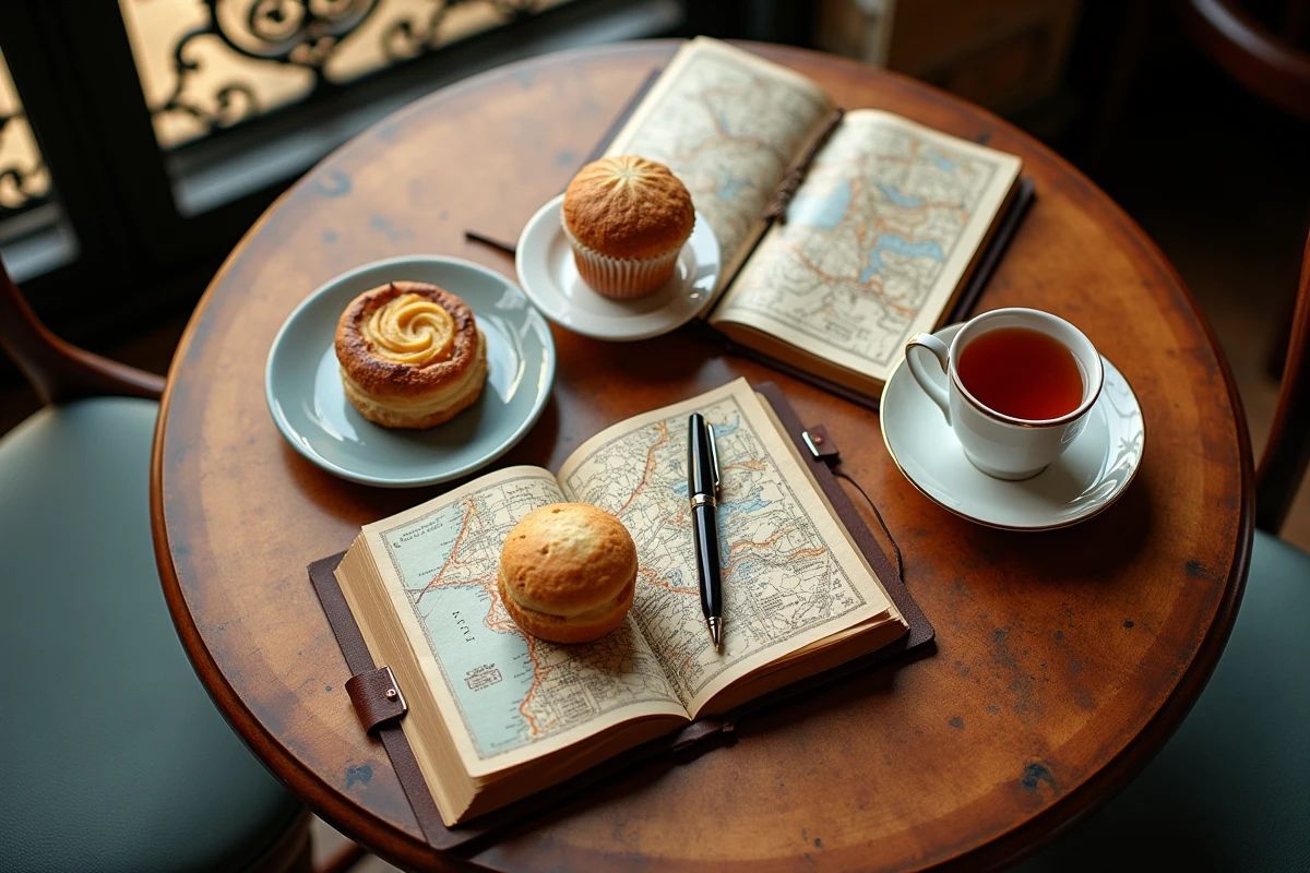 Flat-lay d'un salon de thé parisien avec tasse de thé, pâtisseries et carnet dans un passage couvert