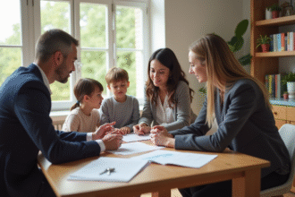 Salon moderne lumineux avec famille et agent immobilier