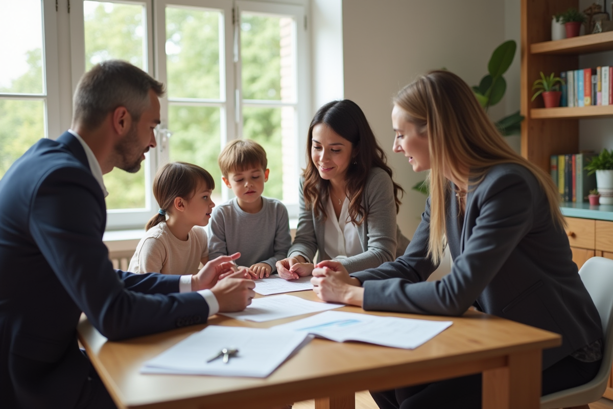 Salon moderne lumineux avec famille et agent immobilier