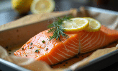 Filet de saumon doré cuit au four avec citron et aneth