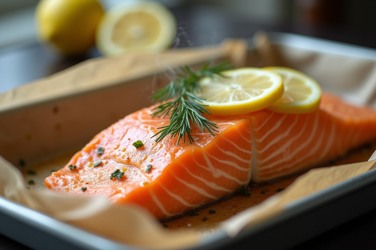 Filet de saumon doré cuit au four avec citron et aneth